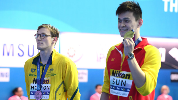 Silver medalist Mack Horton of Australia and gold medalist Sun Yang of China in 2019.