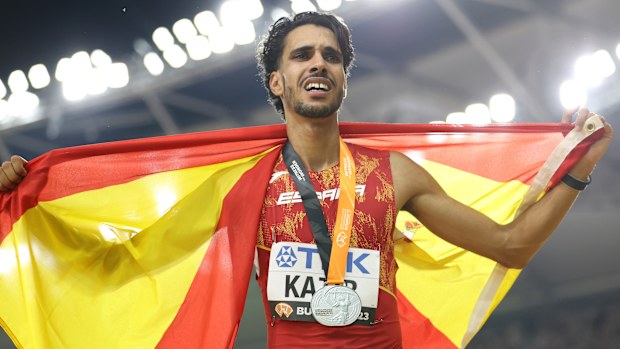 Silver medalist Mohamed Katir of Team Spain reacts after competing in the Men's 5000m Final during day nine of the World Athletics Championships Budapest 2023 at National Athletics Centre on August 27, 2023 in Budapest, Hungary. (Photo by Michael Steele/Getty Images)