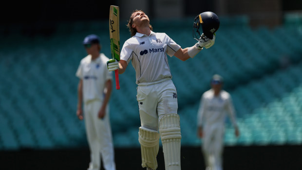 Will Pucovski of Victoria celebrates scoring a century during the Sheffield Shield match between New South Wales and Victoria at SCG, on February 18, 2024, in Sydney, Australia. (Photo by Cameron Spencer/Getty Images)