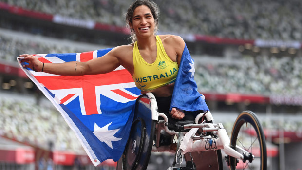 Madison de Rozario reacts after winning the gold medal in the women's marathon at the Tokyo 2020 Paralympic Games. 