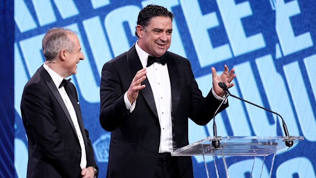 Garry Lyon speaks at the 2025 Hall of Fame ceremony. 