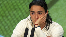 A dejected Ons Jabeur during a press conference after her defeat in the final of the women's singles at Wimbledon.