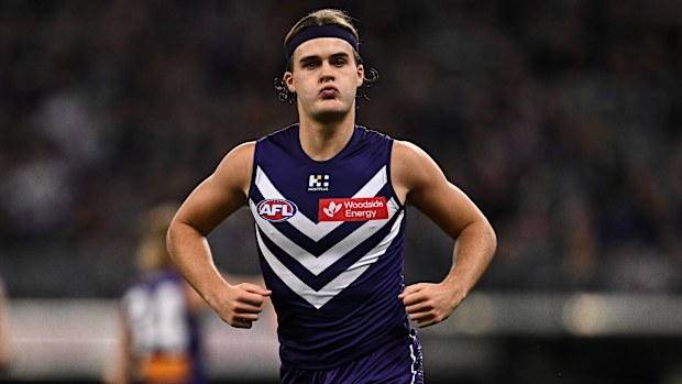 Murphy Reid of the Dockers celebrates a goal.