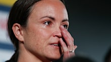 MELBOURNE, AUSTRALIA - JANUARY 18: Daisy Pearce speaks with media during the Melbourne Demons AFLW Press Conference announcing her retirement at the Melbourne Cricket Ground on January 18, 2023 in Melbourne, Australia. (Photo by Michael Willson/AFL Photos)
