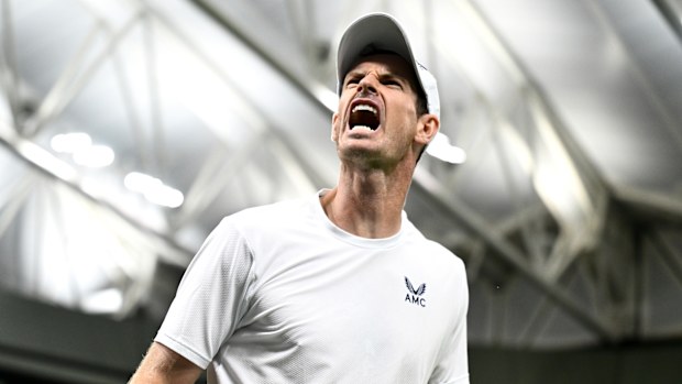Andy Murray of Great Britain celebrates against Stefanos Tsitsipas of Greece in the Men's Singles second round match during day four of The Championships Wimbledon 2023 at All England Lawn Tennis and Croquet Club on July 06, 2023 in London, England. (Photo by Mike Hewitt/Getty Images)