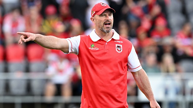 Dean Young assistant coach of the Dragons instructs the players during the warm up before the round two NRL match between the Dolphins and St George Illawarra Dragons at Kayo Stadium, on March 17, 2024, in Brisbane, Australia. (Photo by Bradley Kanaris/Getty Images)