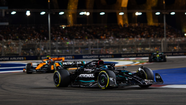 George Russell of Great Britain and Mercedes AMG during the F1 Grand Prix of Singapore at Marina Bay Street Circuit on September 17, 2023 in Singapore, Singapore. (Photo by Kym Illman/Getty Images)