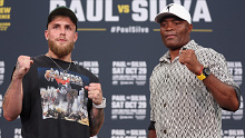 GLENDALE, ARIZONA - SEPTEMBER 13:  Jake Paul and Anderson SIlva pose together during a Jake Paul v Anderson Silva press conference at Gila River Arena on September 13, 2022 in Glendale, Arizona. (Photo by Christian Petersen/Getty Images)