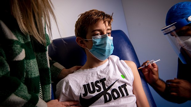 12 year old children having their first COVID-19 jab. 13 September 2021.