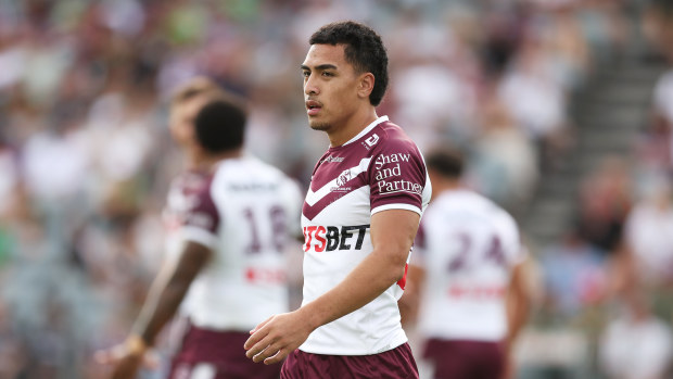 Lehi Hopoate of the Sea Eagles during an NRL pre-season trial match.