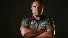 Coach Dave Rennie poses during the Wallabies portrait session at Event Cinemas Coomera.