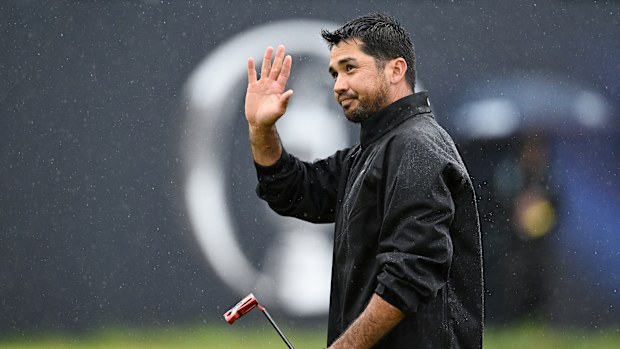 Jason Day of Australia interacts with the crowd on the 18th green during Day Four of The 151st Open at Royal Liverpool Golf Club on July 23, 2023 in Hoylake, England. (Photo by Richard Heathcote/R&A/R&A via Getty Images)