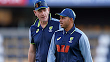 Australia's Usman Khawaja (right) speaks with Australia head coach Andrew McDonald (left) during a nets session at The Gabba, Brisbane, Australia. Picture date: Tuesday December 2, 2025. (Photo by Robbie Stephenson/PA Images via Getty Images)