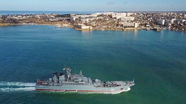In this handout photo released by Russian Defense Ministry Press Service on Thursday, Feb. 10, 2022, The Russian navy's amphibious assault ship Kaliningrad sails into the Sevastopol harbor in Crimea. The Russian navy has sent six amphibious assault ships into the Black Sea as part of a buildup of forces near Ukraine that stoked Western fears of an invasion. (Russian Defense Ministry Press Service via AP)