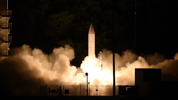 This handout photo provided by the U.S. Navy shows a common hypersonic glide body (C-HGB) launching from the Pacific Missile Range Facility, in Kauai, Hawaii, March 19, 2020, during a Department of Defense flight experiment. 