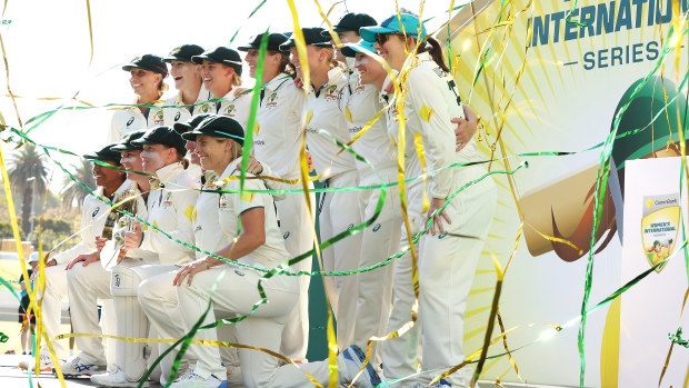 Australia celebrates with the trophy after a series victory on day three of the Women's Test Match between Australia and South Africa at WACA on February 17, 2024 in Perth, Australia. (Photo by Paul Kane/Getty Images)