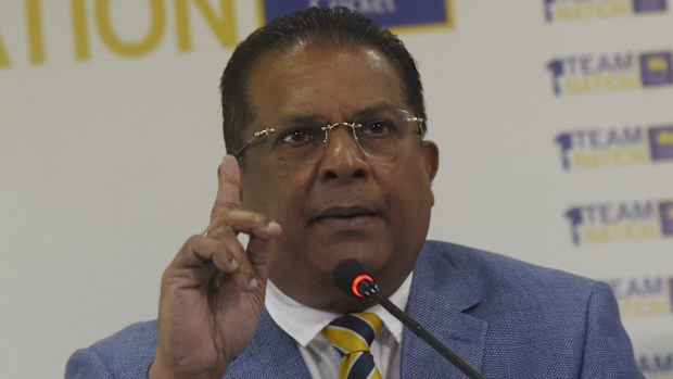 Shammi Silva, the president of the country's cricket body, and members of his committee are seen during a press conference on November 11, 2023, in Colombo, Sri Lanka. (Photo by Akila Jayawardena/NurPhoto)