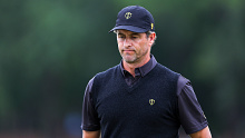 Adam Scott of Australia and the International Team reacts after missing his putt on the 16th green during Sunday singles matches on day four of the 2022 Presidents Cup at Quail Hollow Country Club on September 25, 2022 in Charlotte, North Carolina. (Photo by Rob Carr/Getty Images)
