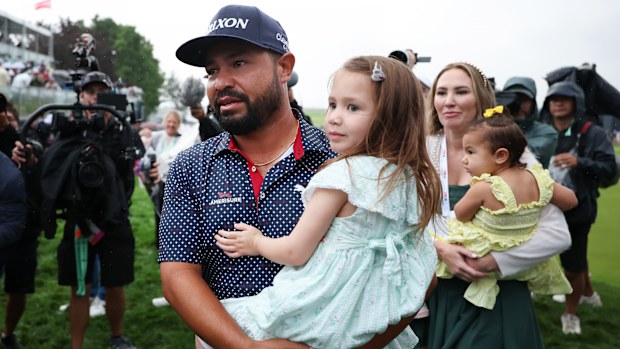 JJ Spaun of the United States celebrates with his wife and family after his winning putt on the 18th green during the final round of the 125th U.S. OPEN at Oakmont Country Club on June 15, 2025 in Oakmont, Pennsylvania. (Photo by Patrick Smith/Getty Images)