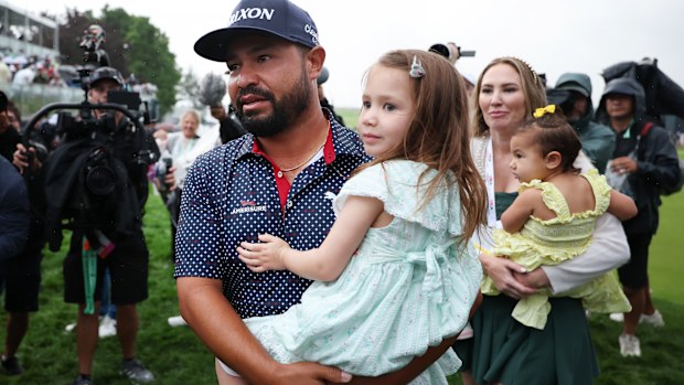 JJ Spaun of the United States celebrates with his wife and family after his winning putt on the 18th green during the final round of the 125th U.S. OPEN at Oakmont Country Club on June 15, 2025 in Oakmont, Pennsylvania. (Photo by Patrick Smith/Getty Images)