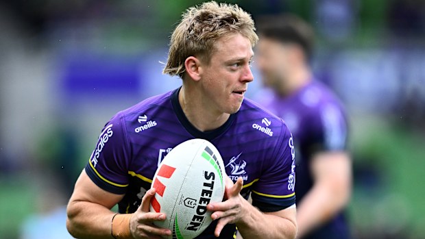 Tyran Wishart of the Storm se calienta antes de la final de clasificación de la NRL entre Melbourne Storm y Cronulla Sharks en AAMI Park el 14 de septiembre de 2024 en Melbourne, Australia. (Foto de Quinn Rooney/Getty Images)