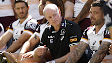 SYDNEY, AUSTRALIA - OCTOBER 04: Michael Maguire head coach of the Broncos looks on during a team photo before the Brisbane Broncos NRL captain's run at Accor Stadium on October 04, 2025 in Sydney, Australia. (Photo by Darrian Traynor/Getty Images)