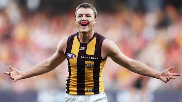 Jack Ginnivan of the Hawks celebrates a goal.