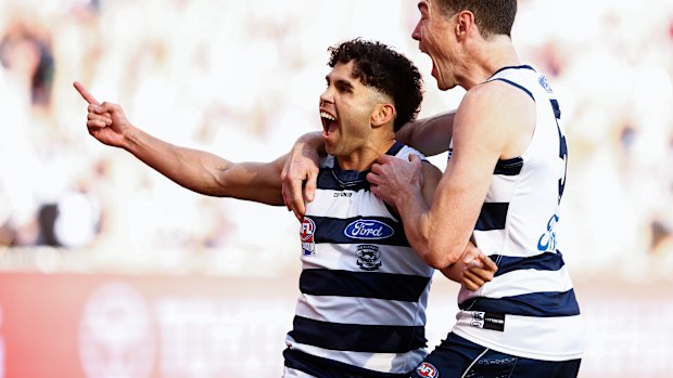 Tyson Stengle of the Cats (L) celebrates with Jeremy Cameron of the Cats afterkicking a goal during the 2022 AFL Grand Final match between the Geelong Cats and the Sydney Swans at the Melbourne Cricket Ground on September 24, 2022 in Melbourne, Australia. (Photo by Daniel Pockett/AFL Photos/via Getty Images)
