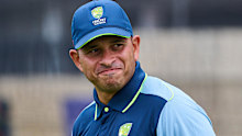 PERTH, AUSTRALIA - NOVEMBER 18: Usman Khawaja  during an Australia nets session at Perth Stadium on November 18, 2025 in Perth, Australia. (Photo by Daniel Carson/Getty Images)