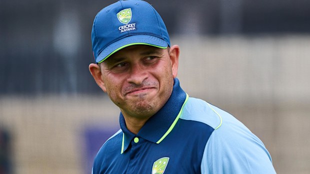 PERTH, AUSTRALIA - NOVEMBER 18: Usman Khawaja  during an Australia nets session at Perth Stadium on November 18, 2025 in Perth, Australia. (Photo by Daniel Carson/Getty Images)