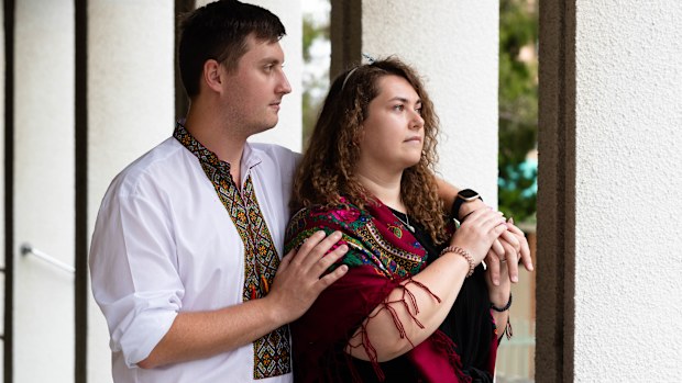 Olexa Matiouk, with his girlfriend, Anna Martyniak, at the St Andrews Ukrainian Church in Lidcombe, Sydney. He is a first generation australian but he has extended family in the Ukraine. His uncle, who is a former soldier, is now a security guard on a military installation, near Dnipro, preparing to protect the site against the Russian invasion. 