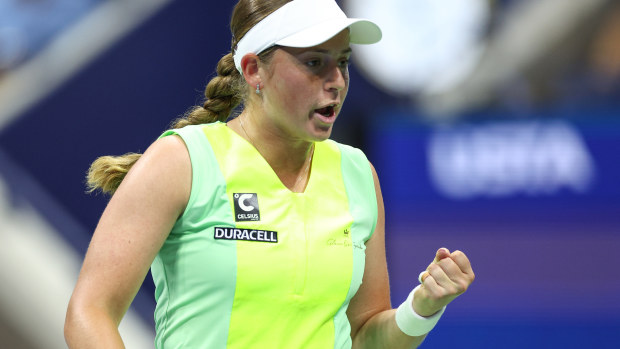 Jelena Ostapenko of Latvia reacts against Iga Swiatek of Poland during their Women's Singles Fourth Round match on Day Seven of the 2023 US Open at the USTA Billie Jean King National Tennis Center on September 03, 2023 in the Flushing neighborhood of the Queens borough of New York City. (Photo by Elsa/Getty Images)