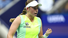 Jelena Ostapenko of Latvia reacts against Iga Swiatek of Poland during their Women's Singles Fourth Round match on Day Seven of the 2023 US Open at the USTA Billie Jean King National Tennis Center on September 03, 2023 in the Flushing neighborhood of the Queens borough of New York City. (Photo by Elsa/Getty Images)