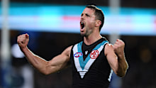 ADELAIDE, AUSTRALIA - MAY 06: Travis Boak of Port Adelaide   celebrates a goal during the round eight AFL match between the Port Adelaide Power and the Western Bulldogs at Adelaide Oval on May 06, 2022 in Adelaide, Australia. (Photo by Mark Brake/Getty Images)