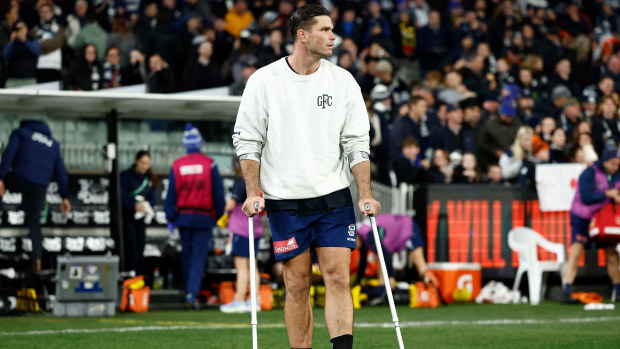 Tom Hawkins was on crutches at the end of the Geelong match against Carlton.
