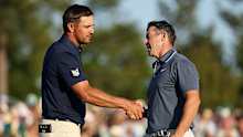 Bryson DeChambeau congratulates Rory McIlroy on his Masters win,