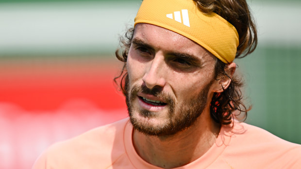Graikijos atstovas Stefanosas Tsitsipas 2024 m. rugpjūčio 8 d. Monrealyje, Kanadoje, „Stade IGA“ stadione „Stade IGA“ turnyro trečiąją dieną vyrų pavienio turnyro antrojo turo rungtynėse laukia japono Kei Nishikori. (Mino Panagiotakio/Getty Images nuotrauka)