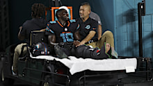 Miami Dolphins receiver Tyreek Hill is carted off the field in the third quarter after suffering a leg injury against the New York Jets at Hard Rock Stadium.