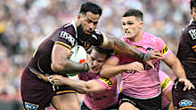 BRISBANE, AUSTRALIA - SEPTEMBER 28: Payne Haas of the Broncos takes on the defence during the NRL Preliminary Final match between Brisbane Broncos and Penrith Panthers at Suncorp Stadium, on September 28, 2025, in Brisbane, Australia. (Photo by Bradley Kanaris/Getty Images)