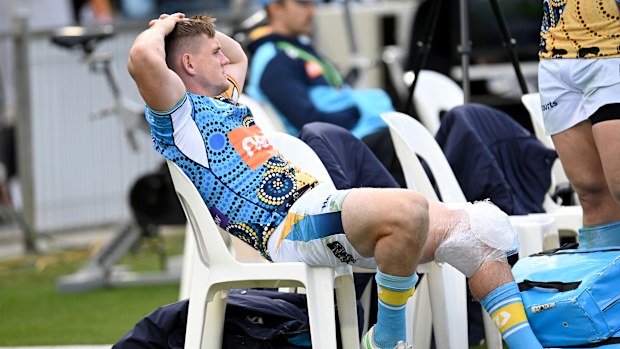  AJ Brimson on the sidelines after being injured during the round 12 NRL match between the Cronulla Sharks and the Gold Coast Titans.