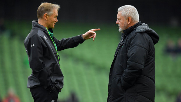 Ireland coach Joe Schmidt and Wales coach Warren Gatland at the  Aviva Stadium in Dublin.