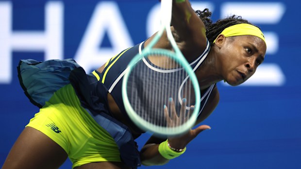 Coco Gauff of the United States serves against Tatjana Maria of Germany.