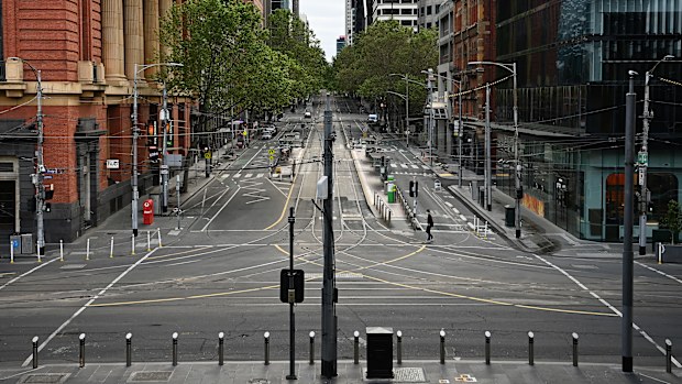 An empty Bourke Street during one of Melbourne's marathon lockdowns.