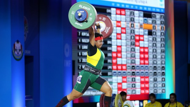 Eileen Cikamatana of Australia competes in the women's 81kg category at the International Weightlifting Federation IWF World Cup in Thailand.