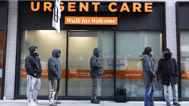 A line outside a Covid-19 testing site in the Chelsea neighbourhood of New York, USA.