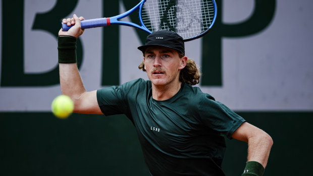 Max Purcell of Australia plays a forehand against Henri Squire of Germany during 2024 French Open - Day 2 at Roland Garros on May 27, 2024 in Paris, France. (Photo by Antonio Borga/Eurasia Sport Images/Getty Images)