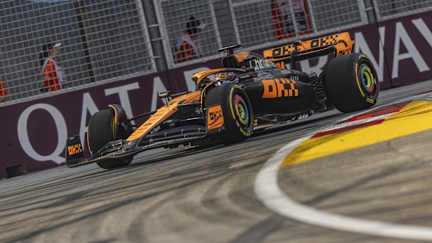 Oscar Piastri of Australia driving the (81) McLaren F1 Team MCL60 Mercedes on track during practice ahead of the F1 Grand Prix of Singapore at Marina Bay Street Circuit on September 15, 2023 in Singapore, Singapore. (Photo by Edmund So/Eurasia Sport Images/Getty Images)