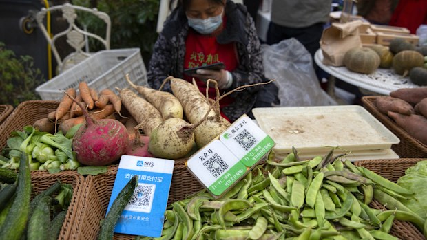 A vendor sits near cards displaying QR codes to pay electronically with WeChat Pay and Alipay at a farmer's market in Beijing