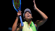 Madison Keys of the U.S. reacts during her fourth round match against compatriot Jessica Pegula at the Australian Open tennis championship in Melbourne, Australia, Monday, Jan. 26, 2026. (AP Photo/Mark Baker)