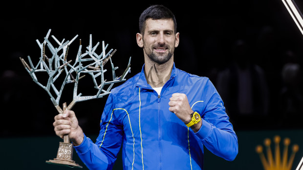 PARIS, FRANCE - NOVEMBER 5: Novak Djokovic of Serbia poses for photos with the Rolex Paris Masters Winner Trophy after winning Grigor Dimitrov of Bulgaria during the Final on Day Seven at Palais Omnisports de Bercy on November 5, 2023 in Paris, France. (Photo by Antonio Borga/Eurasia Sport Images/Getty Images)